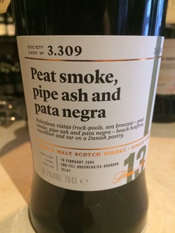 SMWS 3.309 Peat smoke, pipe ash and pata negra